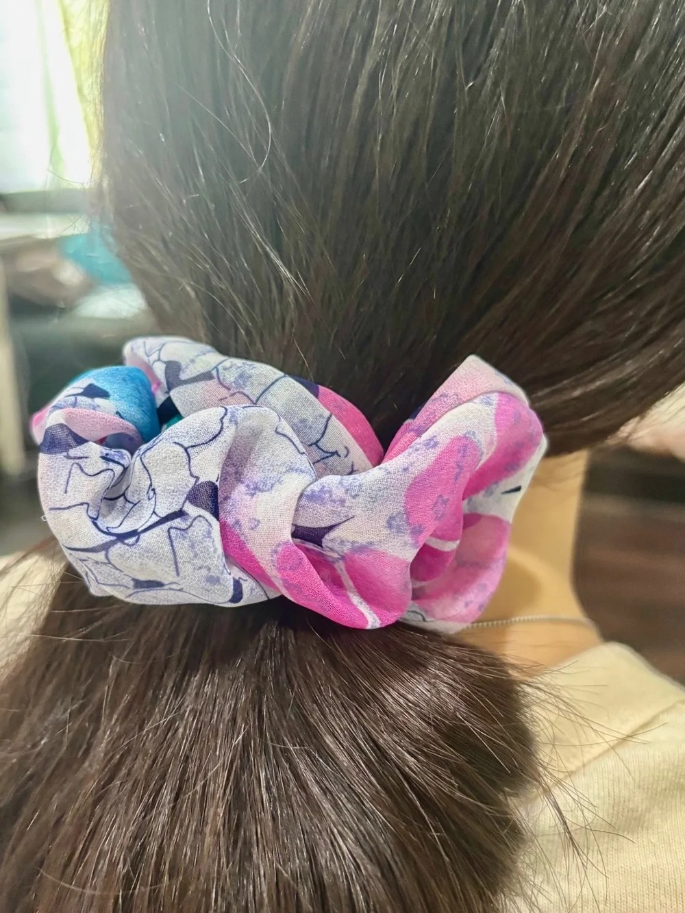 Pink and Teal Floral Oversized Chiffon Women's Scrunchie